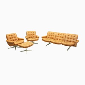 Mid-Century Leather Sofa Armchairs and Ottoman, 1960s Set of 4