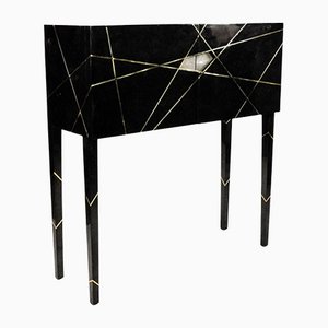 2-Door Cabinet in Polished Black Marquetry and Brass by Ginger Brown