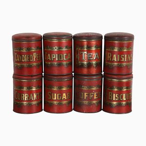 19th Century English Kitchen Storage Tins, Set of 8