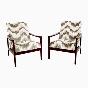 Mid-Century Wood and Patterned Beige & White Fabric Armchairs, Italy, Set of 2