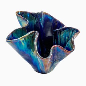 Großes schillerndes blaues Cartoccio Gefäß von Ceramiche Lega