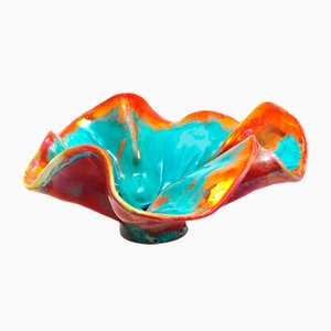High Cartouche Blue Flower Bowl in Copper from Ceramiche Lega