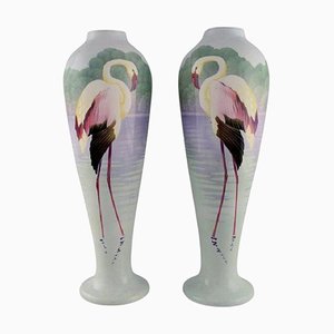 Large Faience Vases with Hand-Painted Flamingos, 1930s, Set of 2