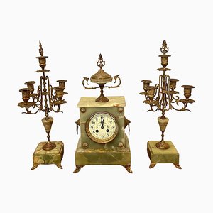 Victorian Green Onyx Ornate Clock Garniture, Set of 3