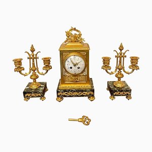 Victorian French Ornate Ormolu Clock Garniture by A, Set of 3