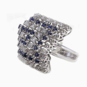 Blue Sapphires, Diamonds & White Gold Cluster Fashion Design Ring