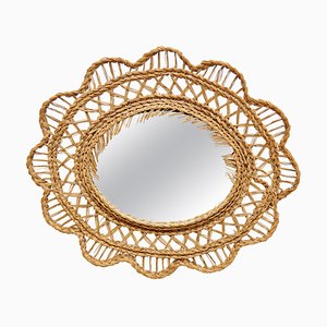 Mid-Century French Handcrafted Rattan Wall Mirror, 1960s