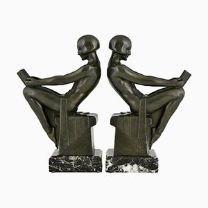 Art Deco Bookends with Reading Nudes by Max Le Verrier, France, 1930s, Set of 2