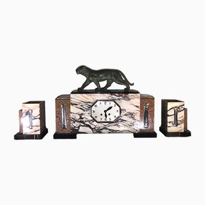 Art Deco French Chimney Clock Marble with Panther, 1930s