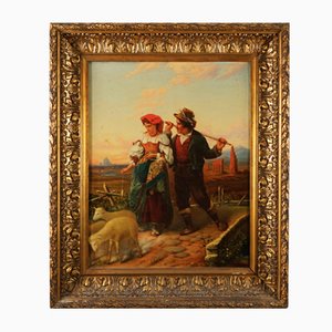Aristide Dies, L'Idillio nella campagna romana, 19th Century, Oil on Canvas, Framed