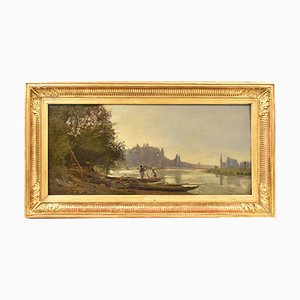 Landscape with River and Fishermen, 19th Century, Oil on Wood, Framed