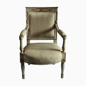 Antique Wood and Linen Armchair
