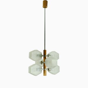 Mid-Century 6-Flame Hanging Lamp in Teak & Structured Glass from Temde, 1960s