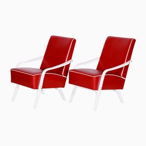 Mid-Century Red Leather & Beech Armchairs, Czechia, 1950s, Set of 2