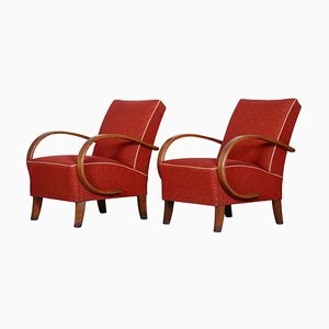 Red Art Deco Beech Armchairs, 1930s