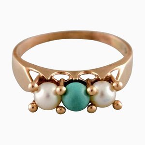 Vintage Scandinavian 14 Carat Gold Ring with Cultured Pearls
