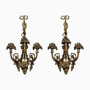 French Louis XIV Style Gilt Bronze 3-Arm Wall Sconces, Set of 2