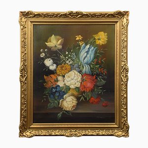 J van Neesen, Still Life of Flowers, años 60, óleo sobre lienzo, enmarcado