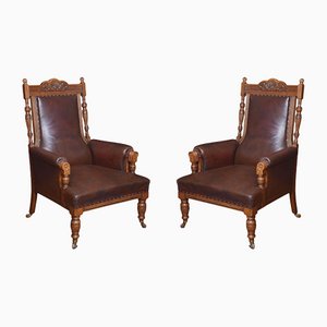 Oak Leather Upholstered Library Armchairs, Set of 2