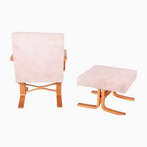 Mid-Century Beige Armchair with Footstool, 1960s, Set of 2