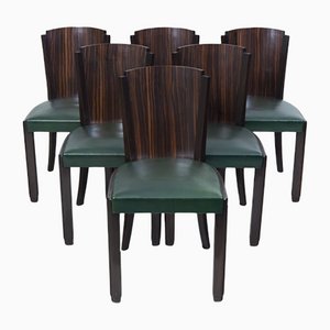 French Art Deco Green Leather & Macassar Chairs, Set of 6