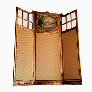 Louis XVI Style French Screen in Gilded Wood with Oil Painting and Ground Glass