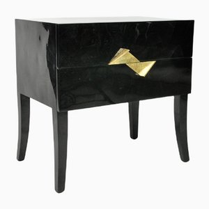 Bedside Tables in Black Marquetry with Casted Brass Handles by Ginger Brown, Set of 2