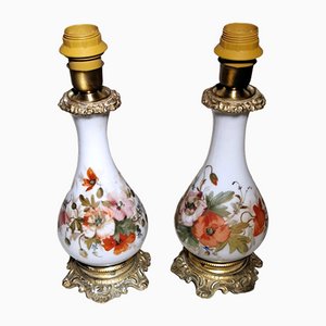 French Napoleon III Style Hand Painted Opaline Glass Oil Lamps, Set of 2
