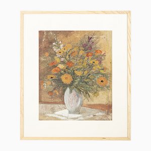 Fleurs Art Déco, Aquarelle sur Papier Épais, Encadrée