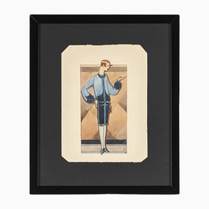 Art Deco Fashion Drawing, Gouache on Paper, Framed