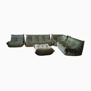Set da salotto in velluto kaki di Michel Ducaroy per Ligne Roset, anni '70, set di 5