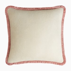 HAPPY PILLOW bianco sporco con frange rosa di Lorenza Briola per LO DECOR