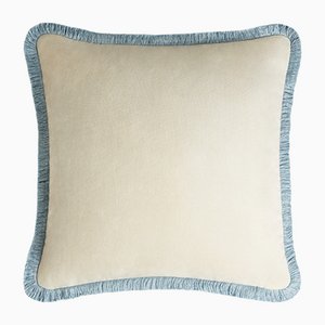 HAPPY PILLOW blanco con flecos en azul claro de Lorenza Briola para LO DECOR