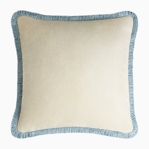 HAPPY PILLOW White with Light Blue Fringes by Lorenza Briola for LO DECOR