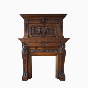 19th Century Château Solid Carved Oak Fireplace & Overmantel