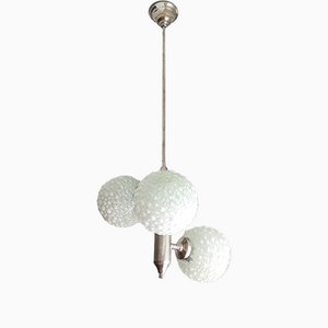 Large Mid-Century White Opaline Bubble Glass and Nickel 3-Light Chandelier