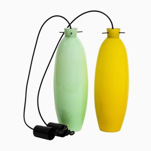Large Mid-Century Italian Murano Glass Wall Lights in Turquoise Green and Mustard Yellow from Venini, Set of 2