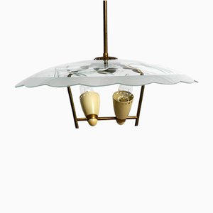 Mid-Century Italian Brass Ceiling Lamp with Glass Shade by Pietro Chiesa for Fontane Arte