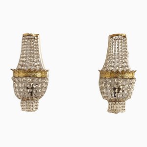 French Classic Crystal and Brass Wall Lights, 1950s, Set of 2
