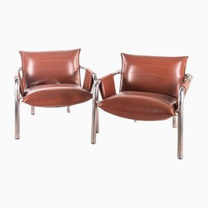 Vintage Chrome Brown Leather Armchairs, Set of 2