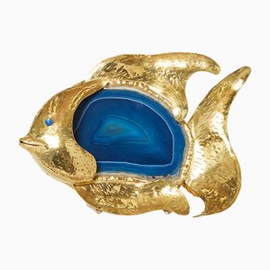 Brass Blue Agate Stone Lamp by Isabelle and Richard Faure, 1970s