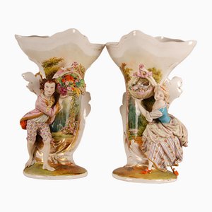 Jarrones Belle Epoque franceses de porcelana pintados a mano, siglo XIX. Juego de 2