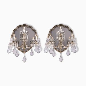 Antique Bohemia Three-Light Crystal Wall Lights with Mirror, Set of 2