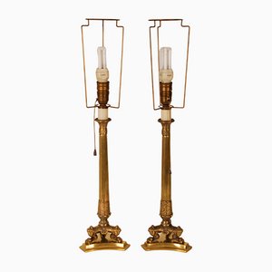 Mid-Century French Hollywood Regency Empire Gilt Bronze Table Lamps with Tripod Base by Maison Charles, 1950s, Set of 2