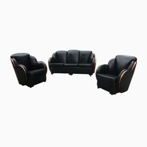 Art Deco English Black Leather Walnut Frame Couch Set by Harry & Lou Epstein,1930s, Set of 3