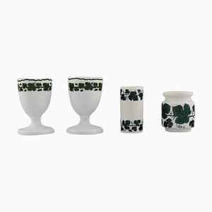 Green Ivy Vine Leaf Egg Cups and Two German Toothpick Holders from Meissen, Set of 4