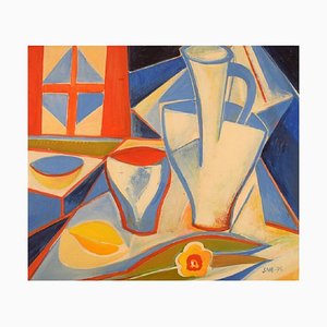 Scandinavian Modernist Painting, Cubist Still Life, 1975, Oil on Canvas, Framed