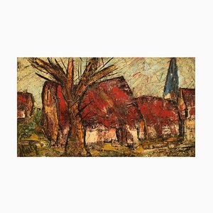 Henri Danty, paisaje modernista con casas, Francia, óleo sobre lienzo, enmarcado