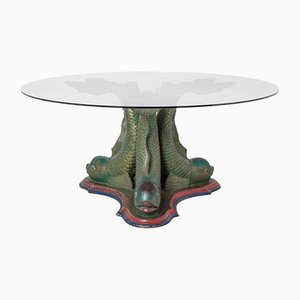 Polychrome Carved Wood Koi Fish Pedestal Dining Table