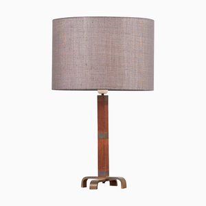 Tischlampe aus Holz mit grauem Lampenschirm, 1950er